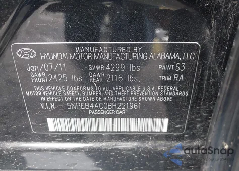 2011 Hyundai Sonata Gls z USA, uszkodzony, nr VIN 5NPEB4AC0BH221961